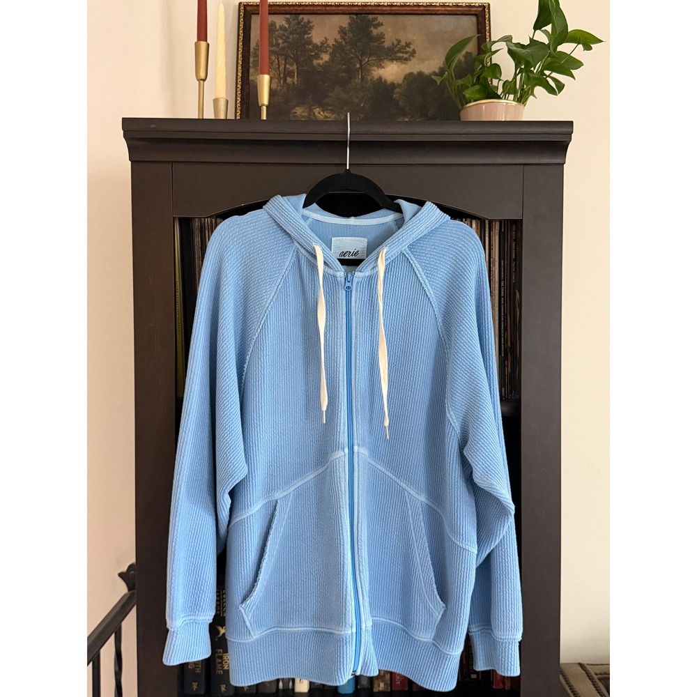 Aerie Waffle Knit Zip Up Hoodie Small Blue Ribbed Oversized Loungewear